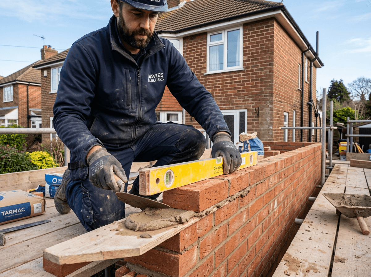 Bricklayer laying blockwork on a property build